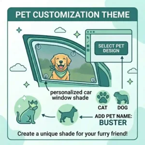 An illustration of a dog looking out a car window featuring a pet-themed personalized car window shade.