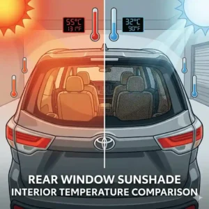 5-rear-window-sunshade: Vector graphic demonstrating clear rearview mirror visibility and glare reduction using a mesh rear window sunshade.