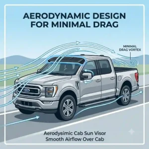 A technical illustration demonstrating how the aerodynamic design of a sun visor for pickups manages airflow.