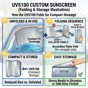 A step-by-step instruction showing how to fold and store a uvs100 custom sunscreen using its compact accordion design.