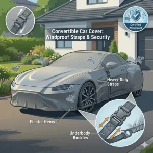 Windproof convertible car cover with heavy-duty straps and elastic hems secured tightly around the wheels.