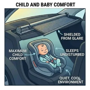 An illustration of a baby sleeping comfortably in a backseat car seat shielded from glare by rear car window blinds.