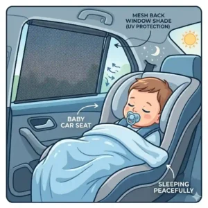 A baby sleeping comfortably in a car seat protected from the sun by a back window shade.