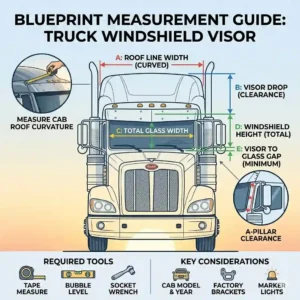 Sizing guide diagram showing where to measure a pickup or semi-cab roof line for a precise truck windshield visor installation.