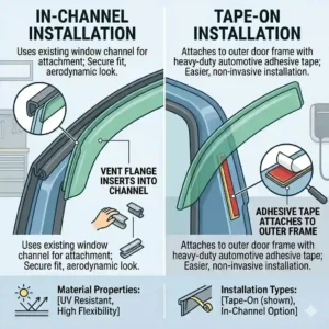 Comparison guide illustrating the difference between in-channel and tape-on car window vents installation styles.