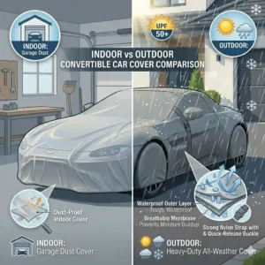 Comparison between a lightweight indoor garage cover and a rugged outdoor convertible car cover.