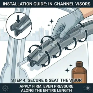 A 300x300 detailed graphic showing hands seating in channel window visors firmly into the window channel.