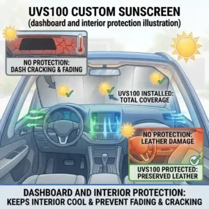 A detailed graphic demonstrating a vehicle interior protected from dashboard cracking and leather fading by a uvs100 custom sunscreen.