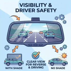 An infographic close-up view from the driver's perspective looking through the rearview mirror with a see-through auto rear window shade installed, maintaining safety and reducing glare.