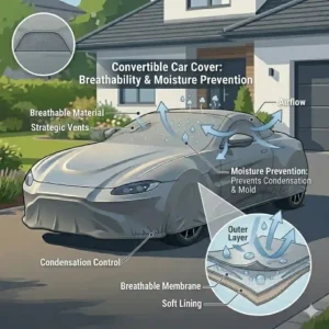 Breathable convertible car cover with built-in air vents to prevent moisture buildup and condensation.