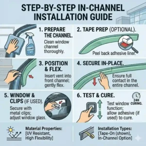Step-by-step DIY guide illustration showing how to install car window vents properly.