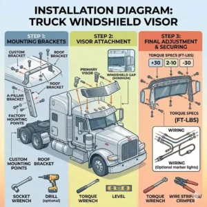 Step-by-step technical illustration showing how to mount and bolt a custom truck windshield visor using heavy-duty brackets.