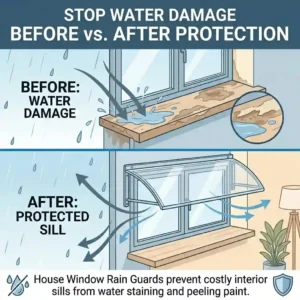Before and after comparison demonstrating how house window rain guards protect interior window sills from water damage.