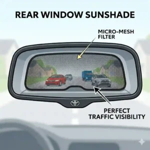 7-rear-window-sunshade: Illustration of a child in a backseat car seat protected from direct sunlight by a rear window sunshade.