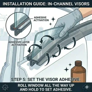A 300x300 illustration showing the car window rolled up against new in channel window visors to set the adhesive.