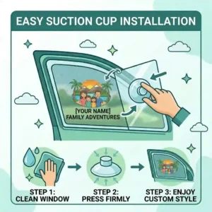 A line-art illustration demonstrating how to easily install suction-cup style personalized car window shades on a side window.