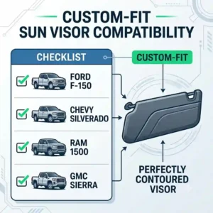 A guide showing the custom fitment and compatibility of a sun visor for pickups across various truck models.
