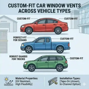 Graphic illustration showcasing custom-fit car window vents on a sedan, pickup truck, and SUV.