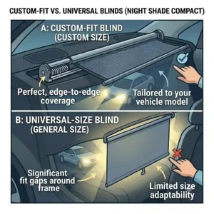 A visual guide contrasting the edge-to-edge coverage of custom-fit rear car window blinds with universal pull-down shades.