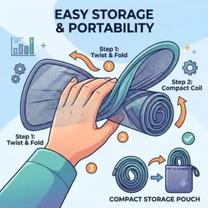 An illustration demonstrating the portability and compact storage process of a flexible auto rear window shade, which twists and folds down into a small, convenient travel pouch.