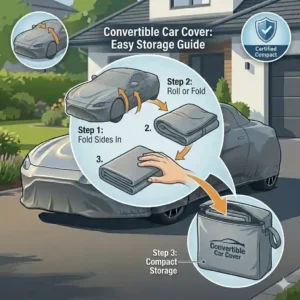 Step-by-step illustration showing how to fold a convertible car cover into a compact storage bag.