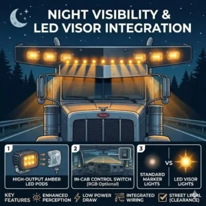 Illustration of a custom truck windshield visor featuring built-in amber LED running lights illuminated at night.