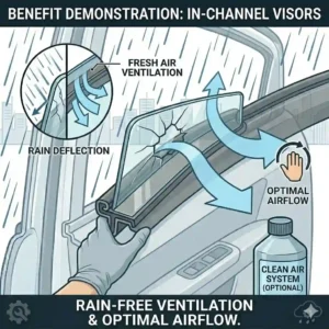 A 300x300 illustrative diagram showing air flowing but rain deflected by slightly cracked in channel window visors.
