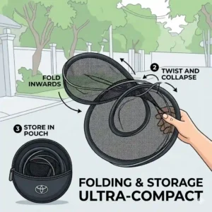 8-rear-window-sunshade: Graphic showing how to twist and fold a flexible rear window sunshade into a compact travel pouch.
