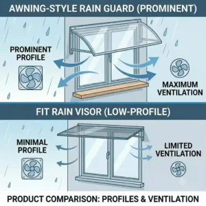 Product comparison between slim-fit visors and prominent awning-style house window rain guards.