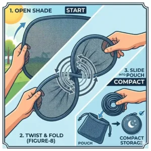 Infographic demonstrating the easy folding and storage process for a portable back window shade.