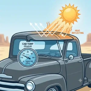 An illustration depicting how a sun visor for pickups helps deflect solar heat to keep the cabin cool.