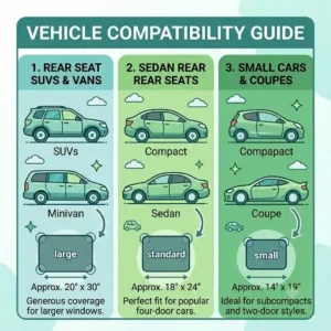 An illustration showing different vehicle sizes to help customers choose the right fit for their personalized car window shades.