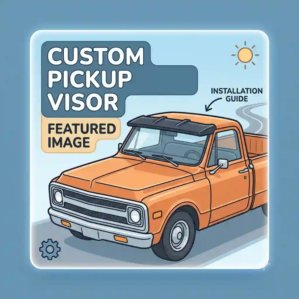 Custom black pickup visor installed on the exterior cab of a classic orange truck.
