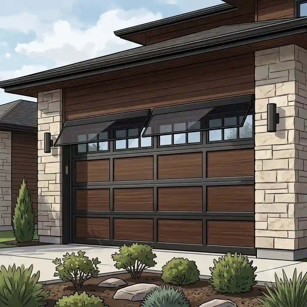 A modern residential home featuring sleek black garage door window deflectors installed on an automatic roll-up garage door.