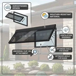 Illustrated diagram highlighting the weather-resistant material and aerodynamic design of a garage door window deflector.