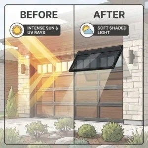 Vector illustration showing a garage door before and after installing garage door window deflectors to improve curb appeal and shade.