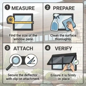 Graphic illustration demonstrating the step-by-step DIY installation process for clip-on garage door window deflectors.