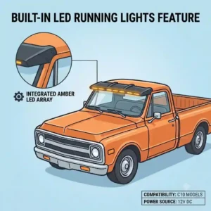 Heavy duty pickup visor featuring integrated amber LED cab roof running lights at dusk.