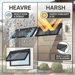 An illustration showing how garage door window deflectors block heavy rain and harsh UV sun rays from entering the garage.