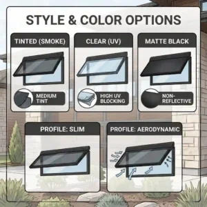 Line art illustration displaying various color options for garage door window deflectors, including tinted, clear, and matte black.