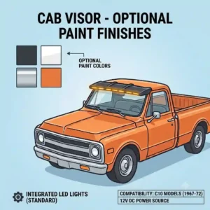 An orange truck with a pickup visor casting a shadow on the windshield for sun glare protection.