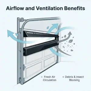 Conceptual illustration showing how garage door window deflectors on a garage door allow fresh air circulation while keeping debris out.