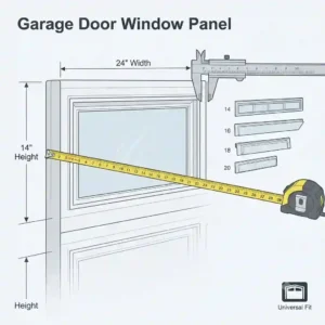 Technical illustration showing how to measure a garage door window panel to find the correctly sized garage door window deflectors.