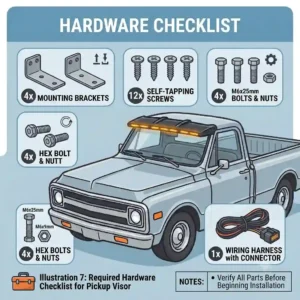 An overview layout of the required hardware checklist for a pickup visor installation.